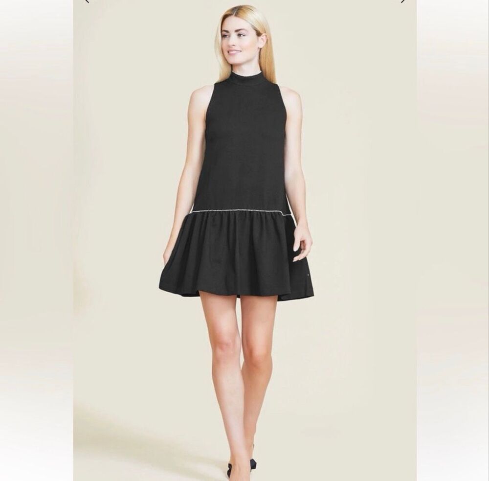 Pearl by Lela Rose Black Drop Waist Mini Dress Mock Neck XS
